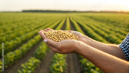 Hands hold harvested soybeans in a field at sunset in a rural area