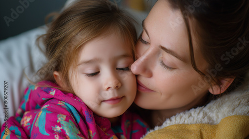 Girl snuggling with mother warmly, intimate family cuddle, parent-child comfort moment, maternal affection bonding, domestic love connection, with copy space