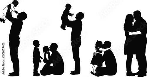 Family silhouettes showing love, parenting moments, father child bonding, mother care, couple affection, life stages concept, isolated black vector illustration