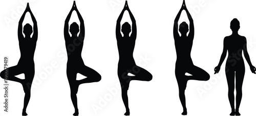 Yoga tree pose silhouette set, female meditation balance concept, wellness fitness exercise, calm body mind harmony, isolated black vector illustration