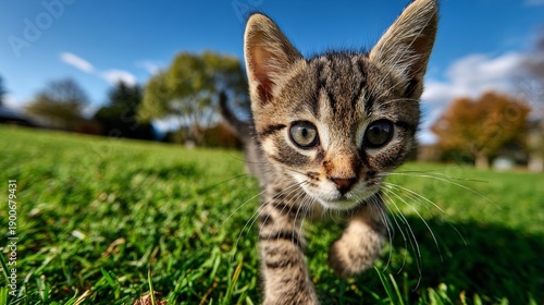 a cute kitten smiles and runs on the green lawn