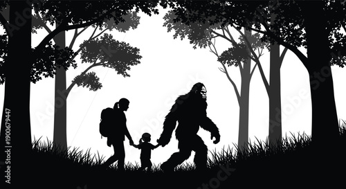 Bigfoot silhouette walking with family in forest, sasquatch mystery concept, adventure parenting, folklore creature, nature story illustration, dramatic black vector