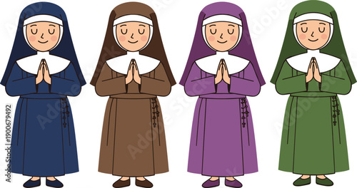 Four cartoon nun characters praying, religious sister illustration set, catholic faith concept, church devotion, flat vector design, isolated background white