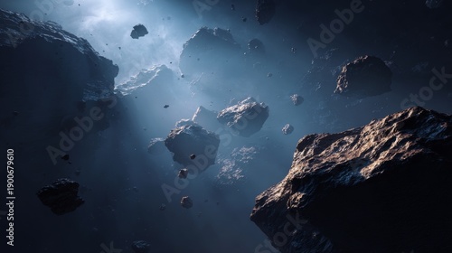 a dark and eerie scene of an asteroid belt with rocks floating in the air 