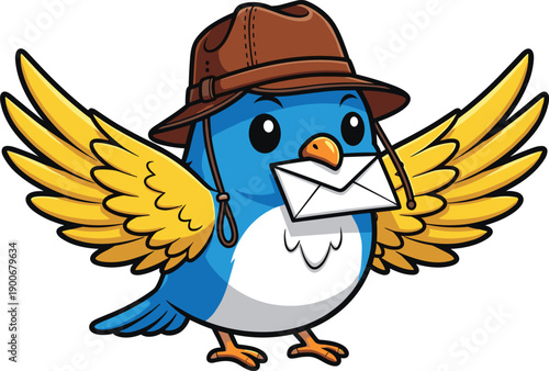 Cute cartoon bird delivering mail, messenger pigeon character, postal service mascot, email concept, communication, notification, message illustration