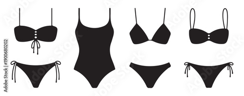 Set of black swimwear icons, featuring various bikini tops and bottoms with a one-piece option