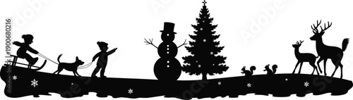 Winter silhouette landscape with children sledding, snowman, pine tree, deer, dog, squirrels, peaceful snowy countryside illustration, black and white