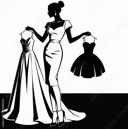 Silhouette of Elegance: A stylish silhouette of a woman poised, showcasing two exquisite dresses, embodies grace and the essence of fashion. 