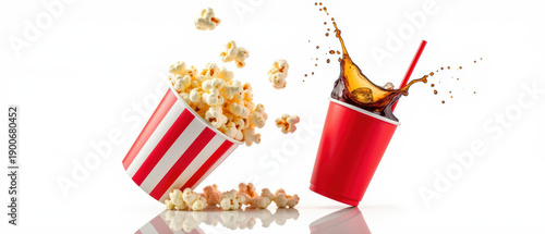 Crispy popcorn spills from striped container while fizzy drink splashes from red cup, creating fun and dynamic scene