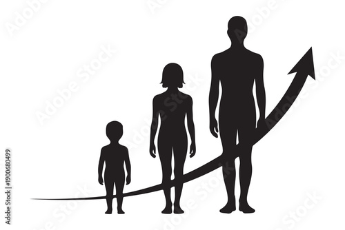 Human growth process from child to adult with increasing arrow silhouette vector