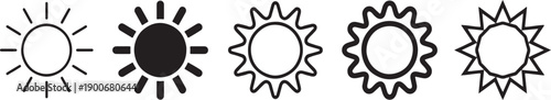 Five unique sun icons in outline and solid styles for weather, brightness, and forecast designs Vector