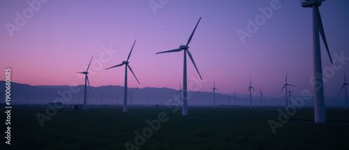 Wind turbines serene landscape dusk, showcasing renewable energy and environmental sustainability. soft purple sky enhances tranquil atmosphere