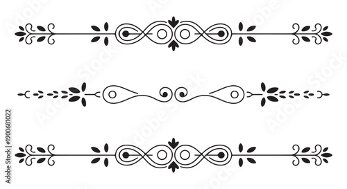 Set of three modern abstract dividers with floral elements for graphic design projects on white background