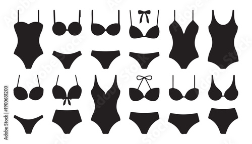 Assortment of black swimwear vector graphics featuring bikinis one-piece swimsuits and bikini bottoms
