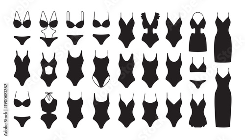 Variety of black swimwear silhouettes including swimsuits bikinis bikini sets and beach dresses