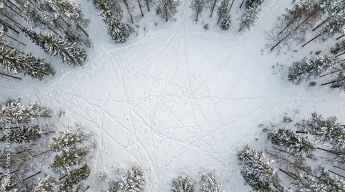 Aerial view reveals intricate crisscrossing tracks etched upon a pristine snow covered forest clearing