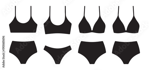 Black silhouette of bra tops and bikini bottoms in various styles for fashion and beachwear