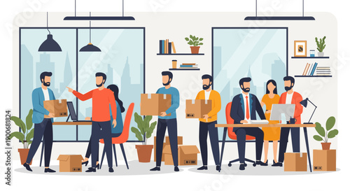 Office workers moving boxes during relocation or office move.