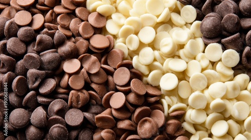 chocolate chips in three colors: white, dark, and milk chocolate