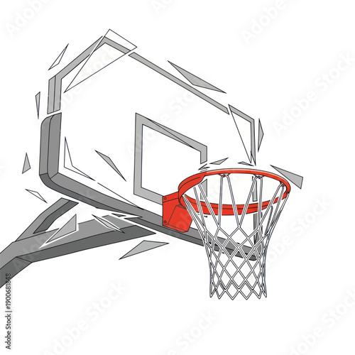 Basketball hoop with net, shattered backboard effect, isolated on white background