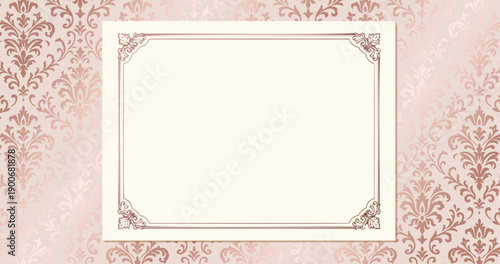 Rose gold damask pattern background with blank horizontal frame. Luxury vintage banner template for web header or invitation.