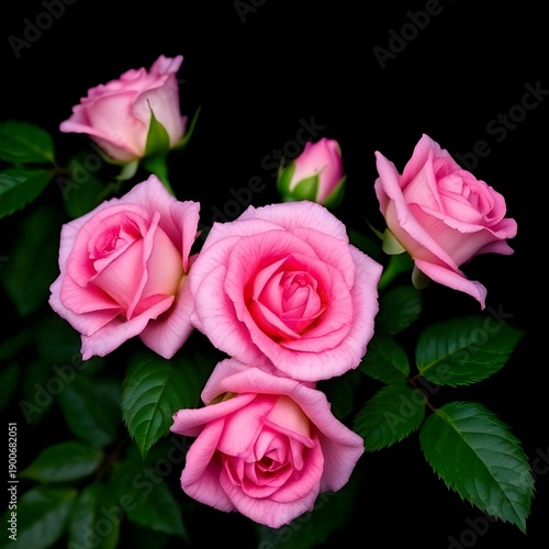 Close up of fresh pink roses covered with dew drops, surrounded by rich green leaves on a deep black background.