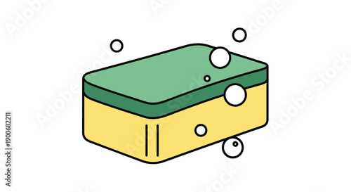 Illustration of a green and yellow cleaning sponge with soap bubbles.