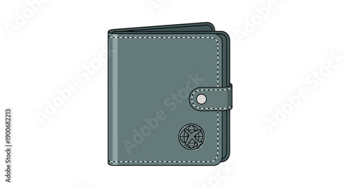 Gray leather wallet with button closure and embossed emblem.