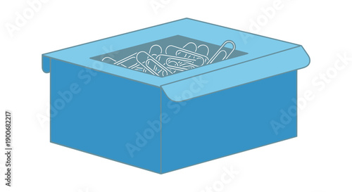 Blue plastic container filled with metal paper clips isolated on white background.