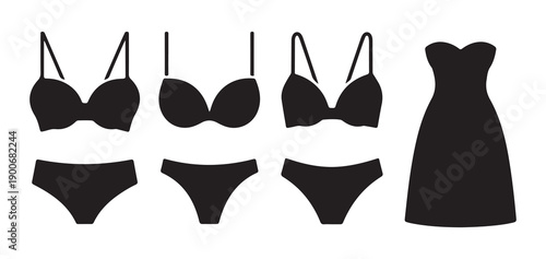 Lingerie and dress silhouette collection set with different bra styles and elegant strapless gown
