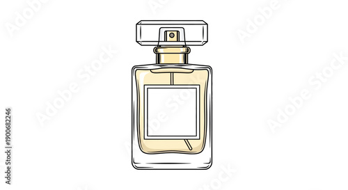 Elegant glass perfume bottle with golden liquid and minimalist design.