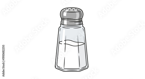 Simple transparent glass salt shaker with metal lid isolated on white background.