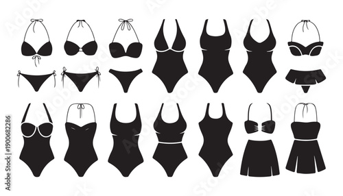 Womens beachwear silhouettes set featuring monokinis bikinis and swim dresses for summer vacations