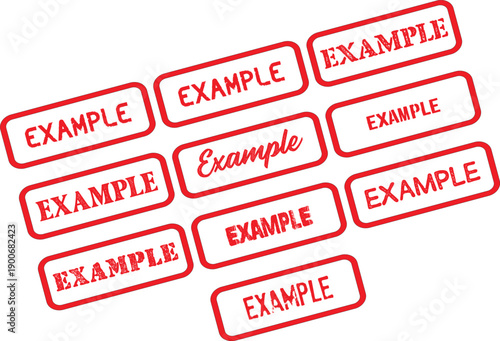 Red rubber stamp labels with example text, vector icons for mockup or design overlay