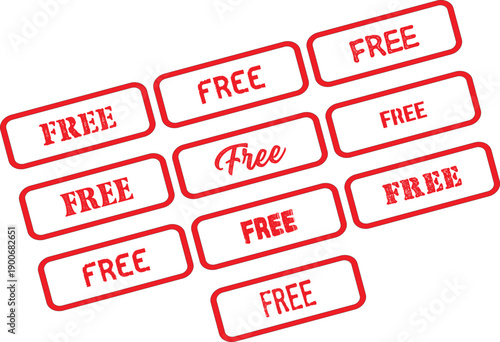 Red FREE stamp labels, vector stickers with free text, for discount or promotion mockup, isolated on transparent background, png