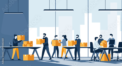 Team of people working together carrying boxes in an office.