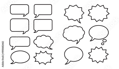 Assortment of outlined speech bubbles, chat balloons, and spiky bursts for comic dialogue and expression