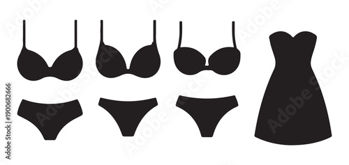Womens underwear and dress icons set featuring various bra shapes panties and formal dress outline
