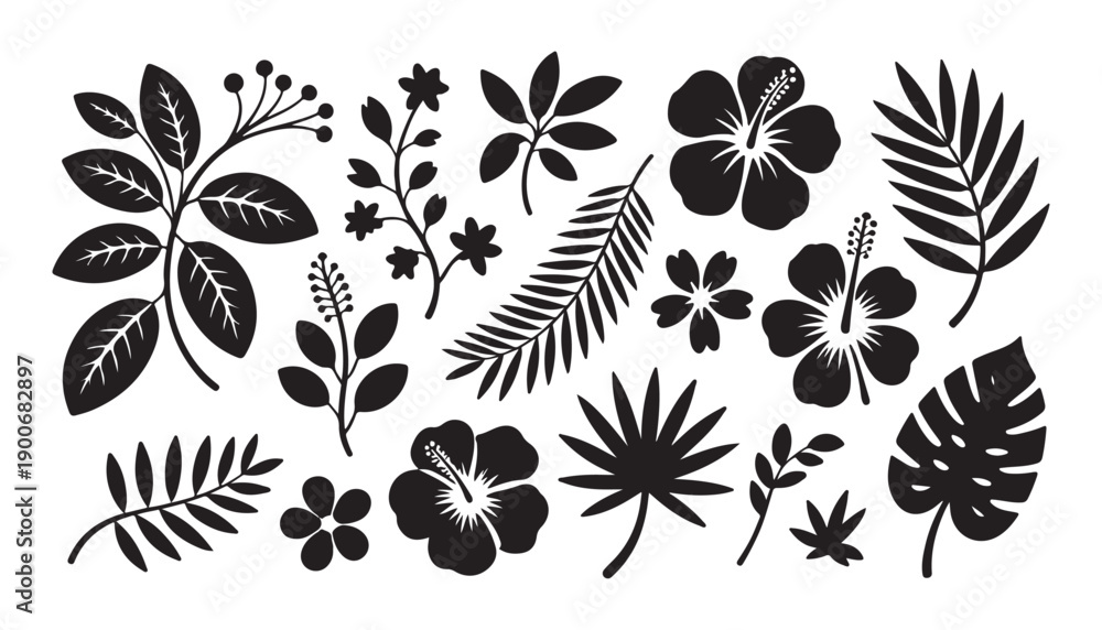 Obraz premium Tropical botanical collection with hibiscus flowers monstera leaves and various exotic plant foliage