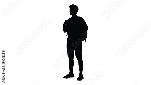 Silhouette of a man standing with a backpack against a white background
