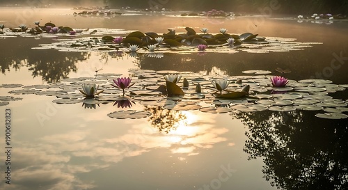 Serene water lilies float upon calm water bathed in the golden light of dawn or dusk.