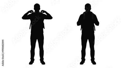 Silhouettes of two people wearing backpacks facing forward against a white background
