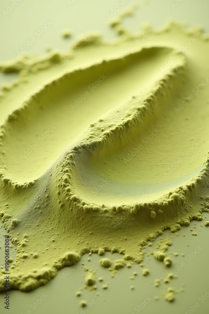 Obraz premium Close-up of vibrant green matcha powder artfully arranged on a neutral background showcasing its fine texture and rich color.