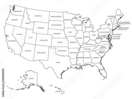 United States of America, outline map. The outlines of the USA, a federated state, subdivided into 50 states and the District of Columbia. Labeled, isolated black and white illustration. Vector