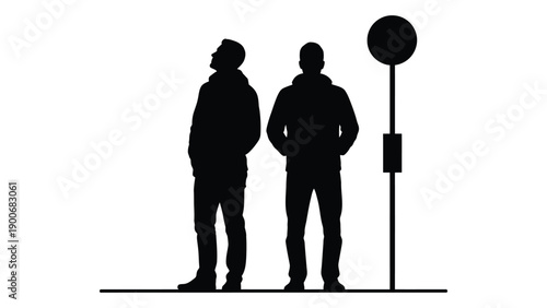 Silhouettes of two men and a circular sign against a white background