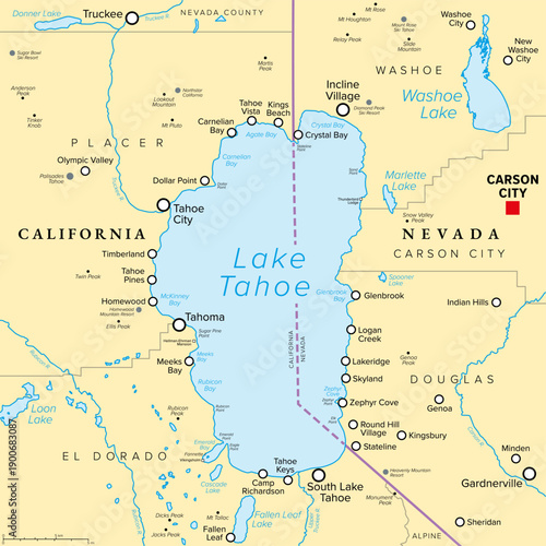 Lake Tahoe in the Western United States, political map. Freshwater lake in the Sierra Nevada straddling the border between U.S. states California and Nevada. North Americas largest alpine lake. Vector