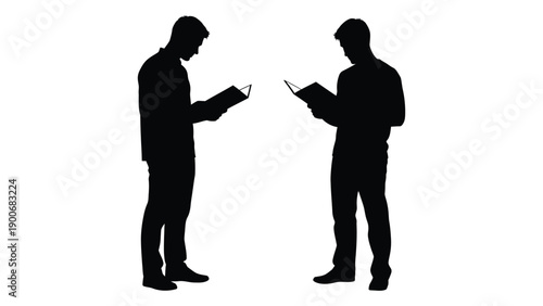 Two silhouetted figures stand facing each other both holding and reading documents