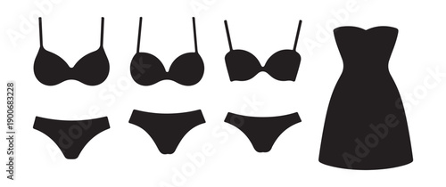 Set of women's undergarments and dress black silhouettes isolated on white background
