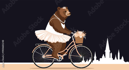 Whimsical illustration of a charming brown bear dressed as a ballerina riding a bicycle with a basket of flowers at night.