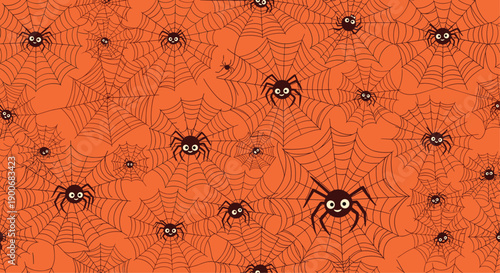 A repeating seamless halloween pattern with cute cartoon spiders on their webs over a bright orange background for holiday fabric.